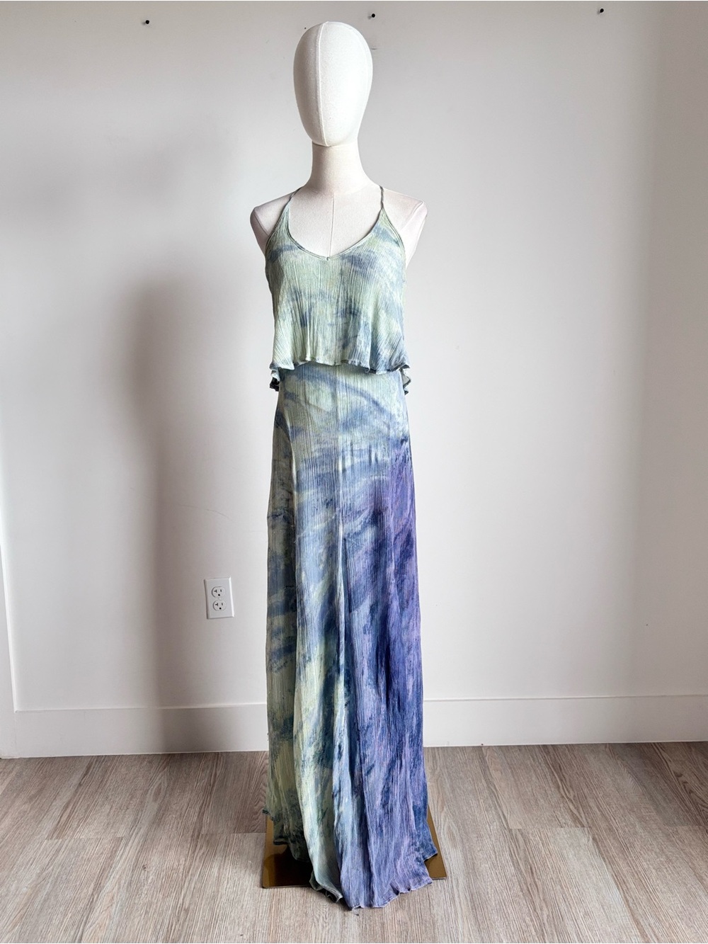Gypsy 05 Blue Purple Tie-Dye Crinkle Silk Tiered Maxi Dress Size Medium